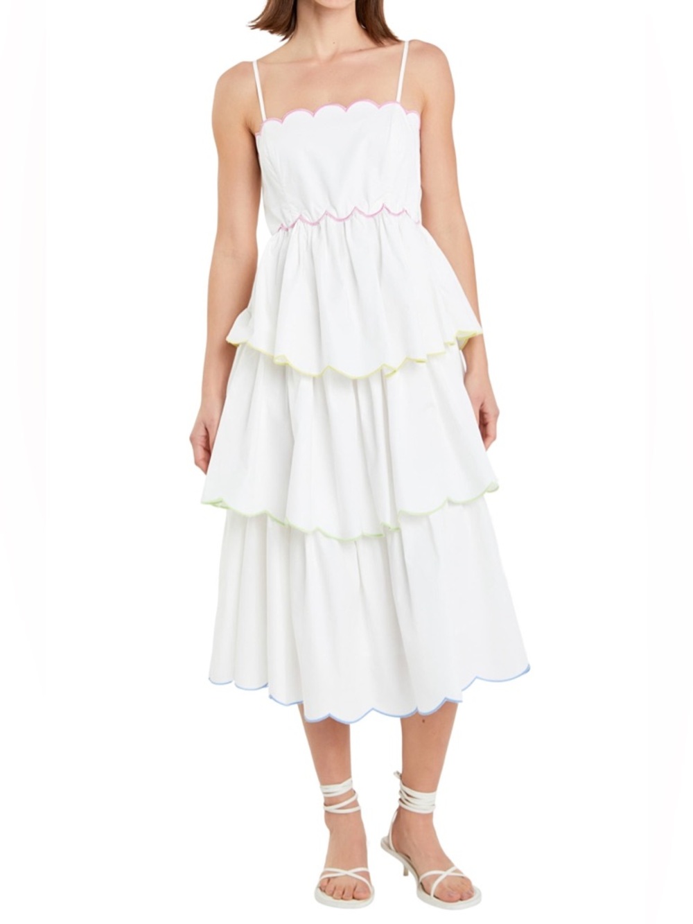 English Rose White Tiered Midi Dress with Pastel Scallop Trim